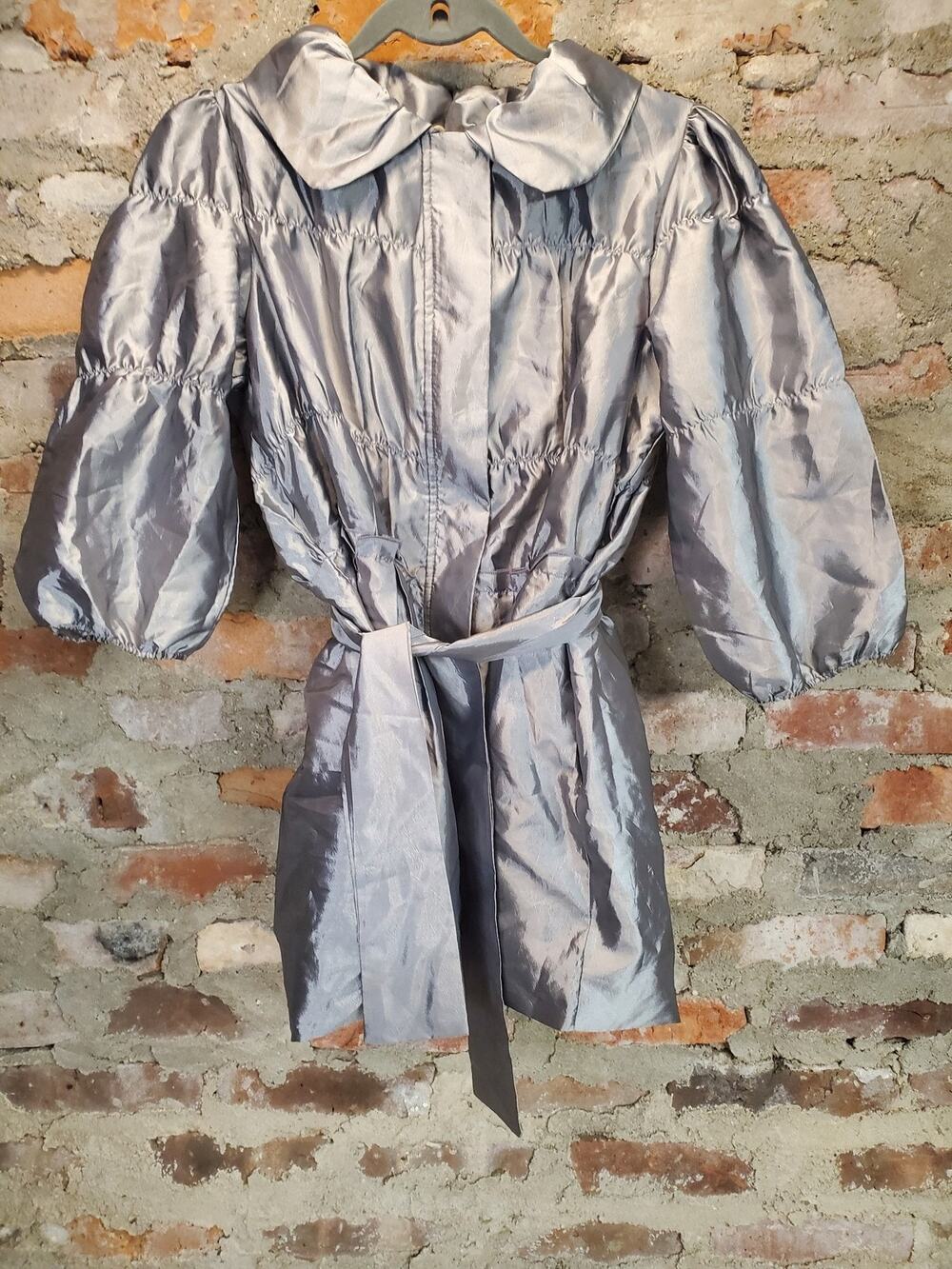Oboe Girls Silver Jacket L Puff Sleeve Tie Waist Collared Polyester